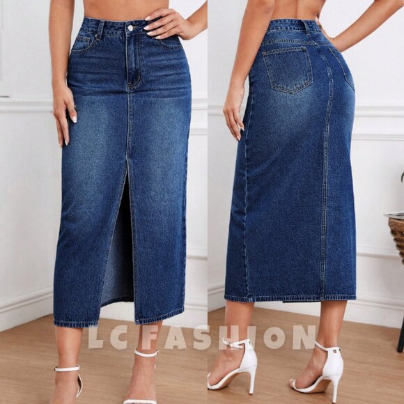 LC FASHION Dresses & Skirts - Denim Maxi Skirts, High Waist Split Thigh Denim Skirt, Boho Maxi Long Skirt